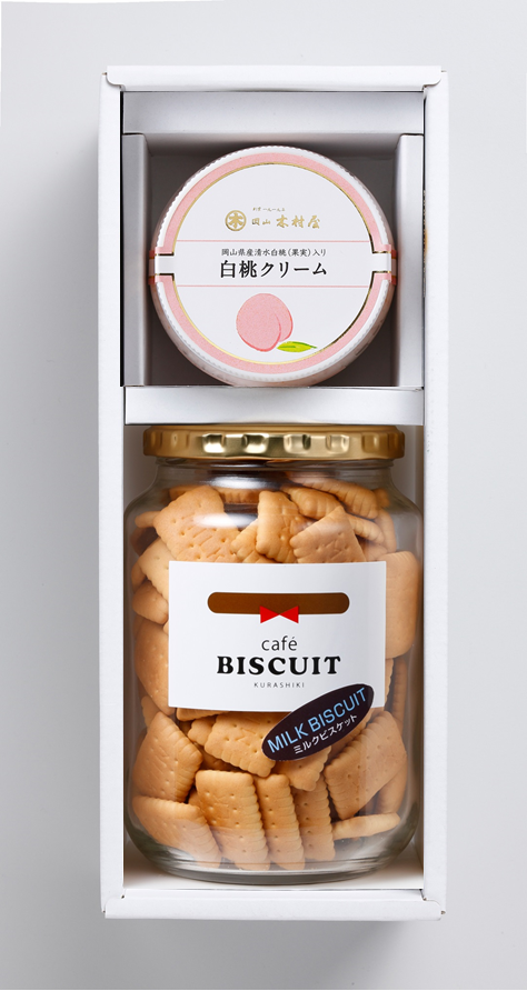 梶谷のビスケット瓶入１種（ミルクビスケット）と岡山木村屋プレミアムクリーム１種（清水白桃）詰合せ