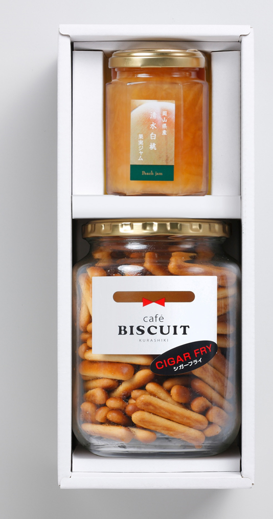Assortment of one type of Kajitani Biscuits in a jar (Cigar Fry) and one type of high-quality fruit jam from Okayama Prefecture (Shimizu White Peach)