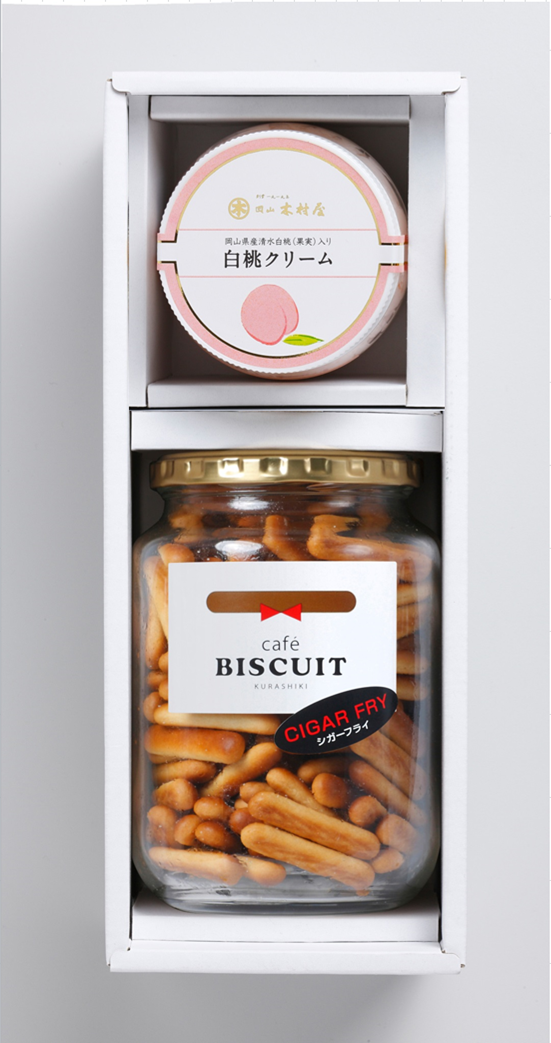 梶谷のビスケット瓶入１種（シガーフライ）と岡山木村屋プレミアムクリーム１種（清水白桃）詰合せ