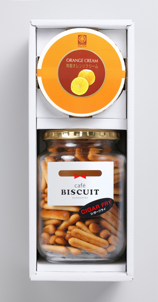 梶谷のビスケット瓶入１種（シガーフライ）と岡山木村屋特製クリーム１種（オレンジ）詰合せ